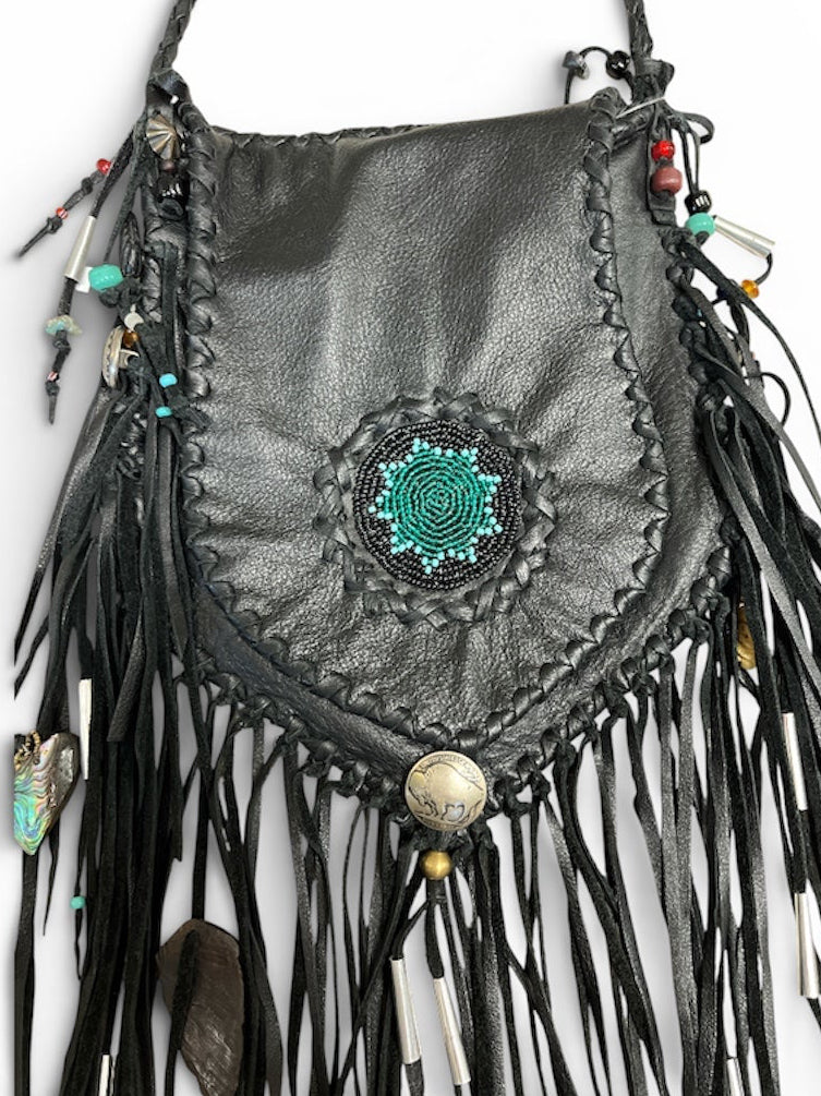 1970s black bone charm fringe crossbody