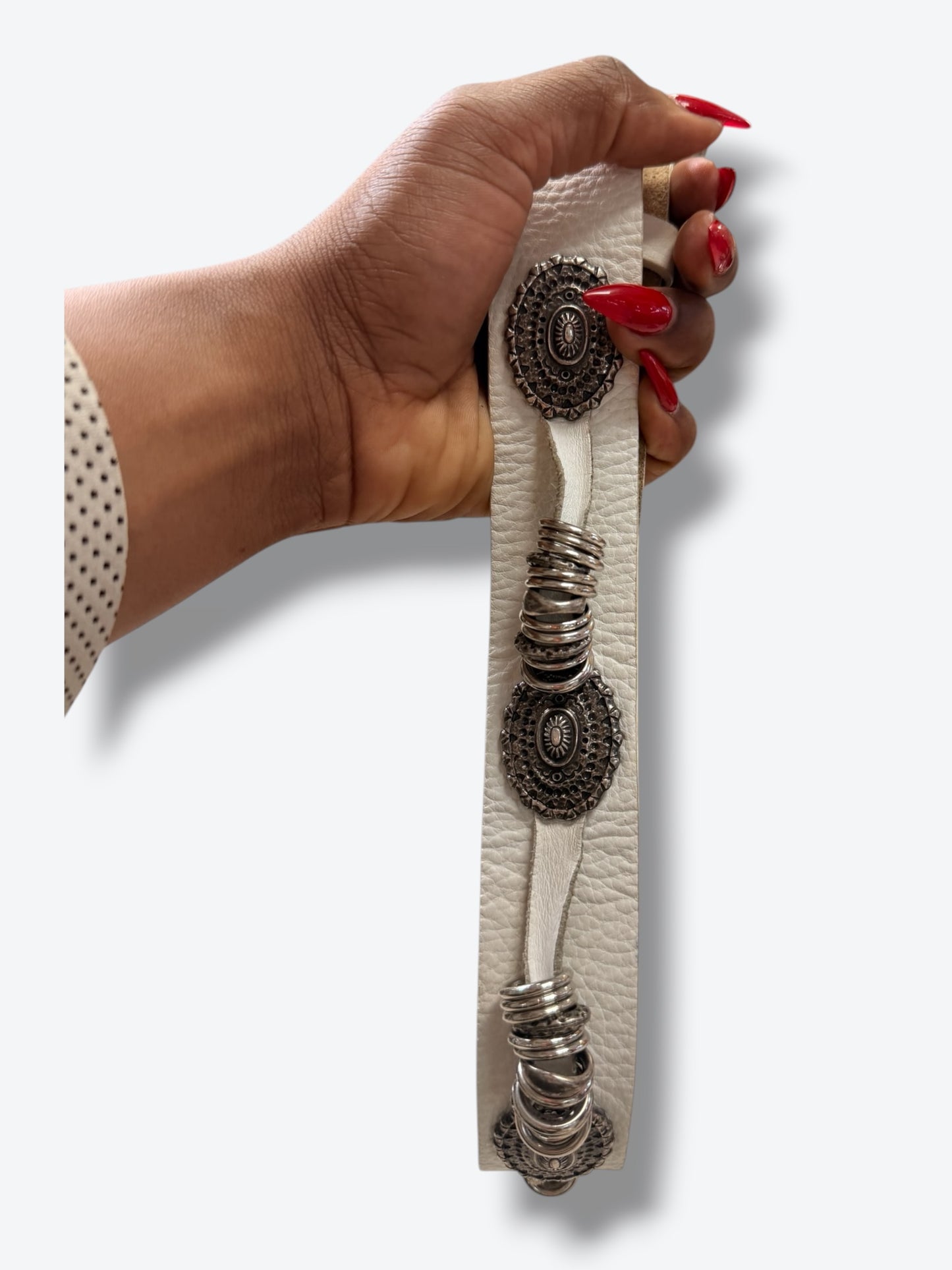 Vintage White Leather Belt with Silver Concho & Ring Hardware