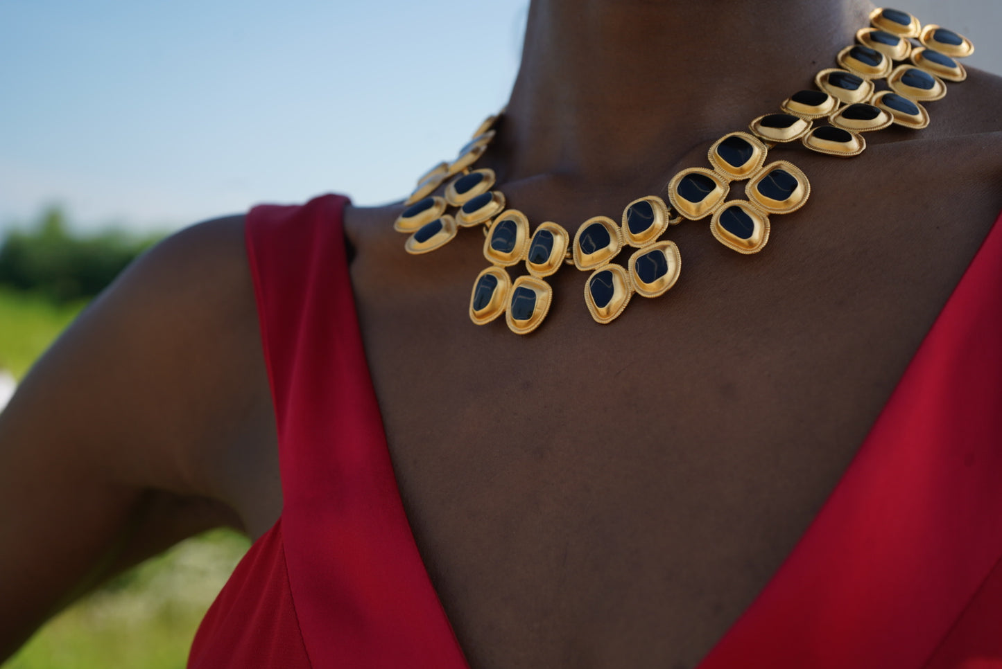 1980s Anne Klein Black Cushion Cabochons Collar