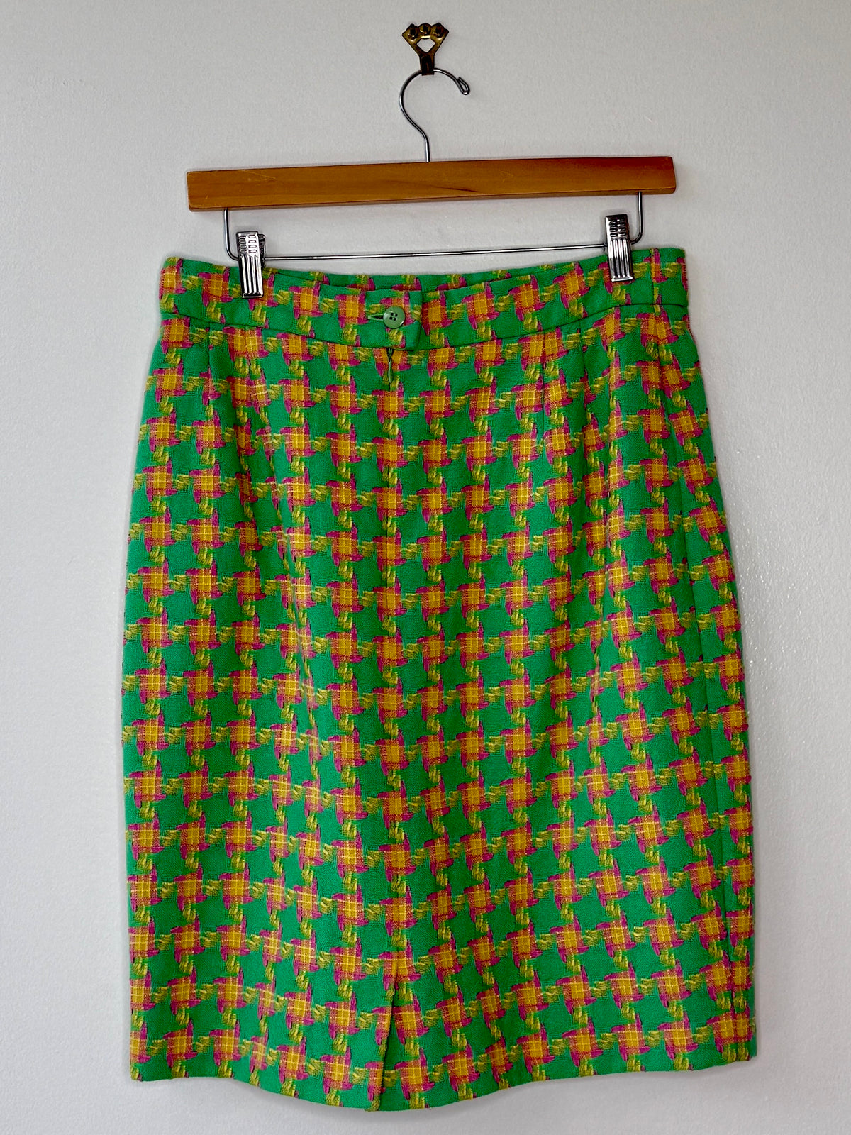 1990s Green Escada Pink & Green Wool Skirt