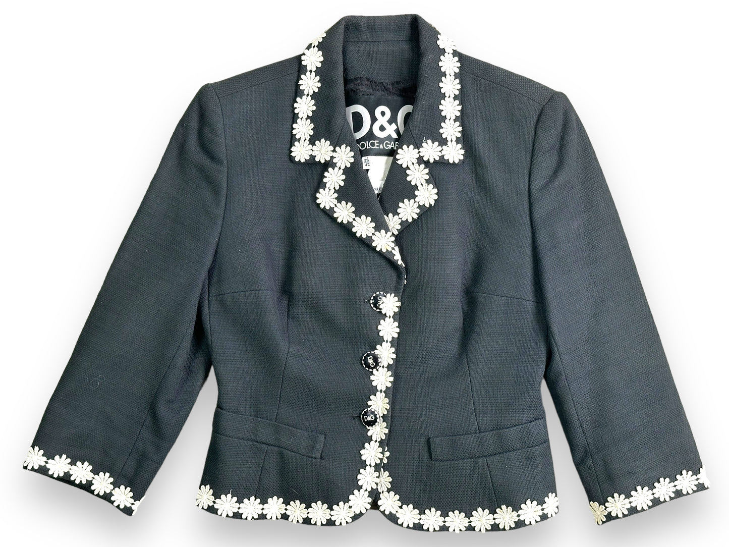 1990s Dolce & Gabbana Black White Rick Rack Floral Trim Suit