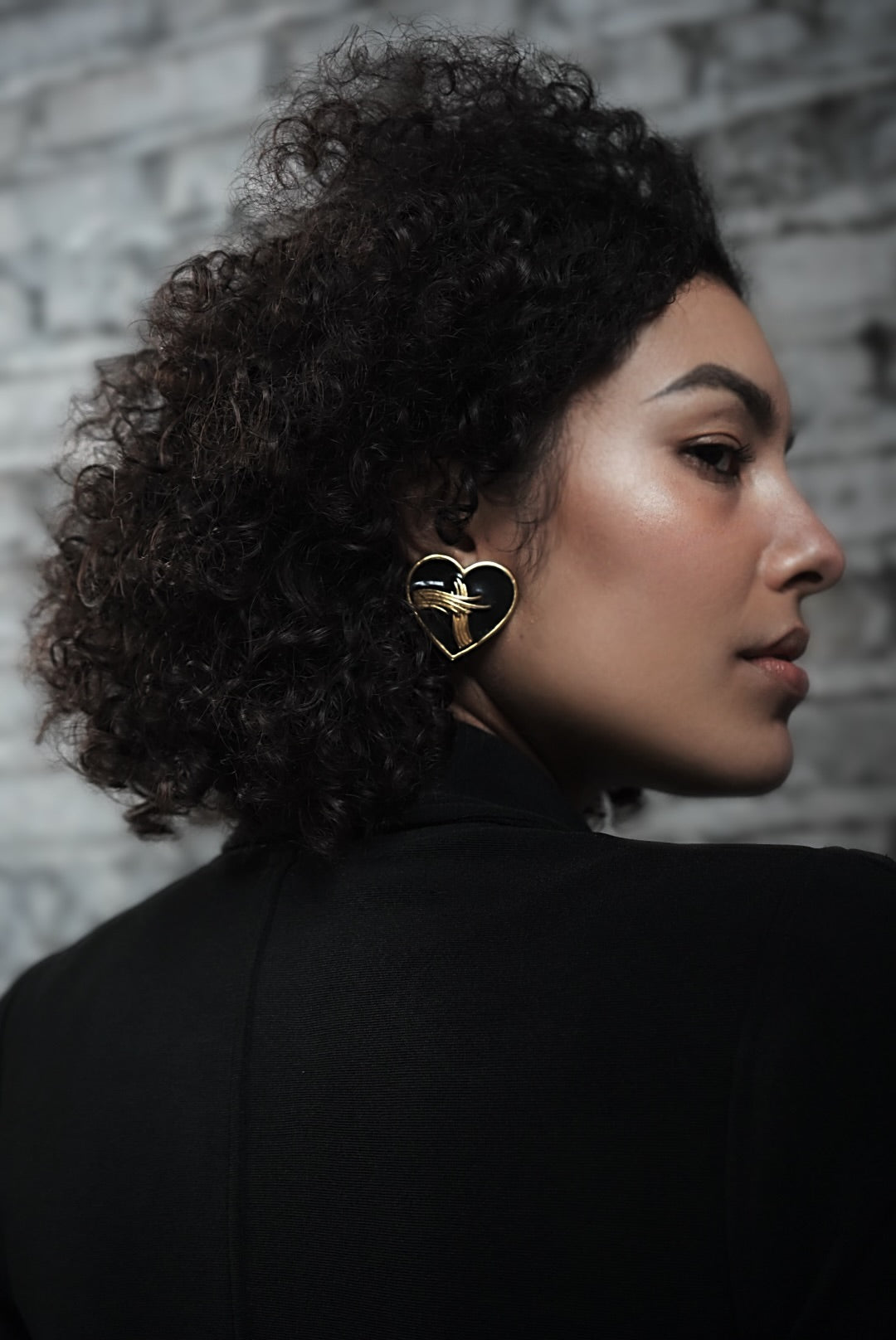 1980s Black + Gold Heart Enamel Clip Earrings