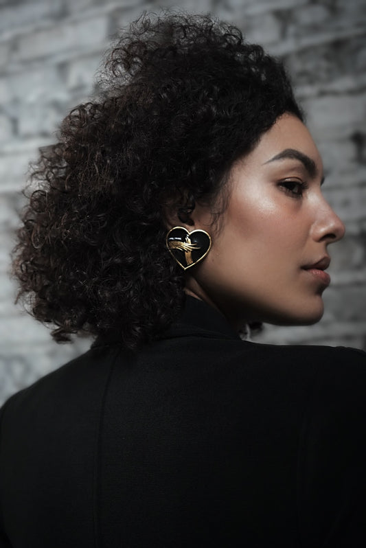 1980s Black + Gold Heart Enamel Clip Earrings