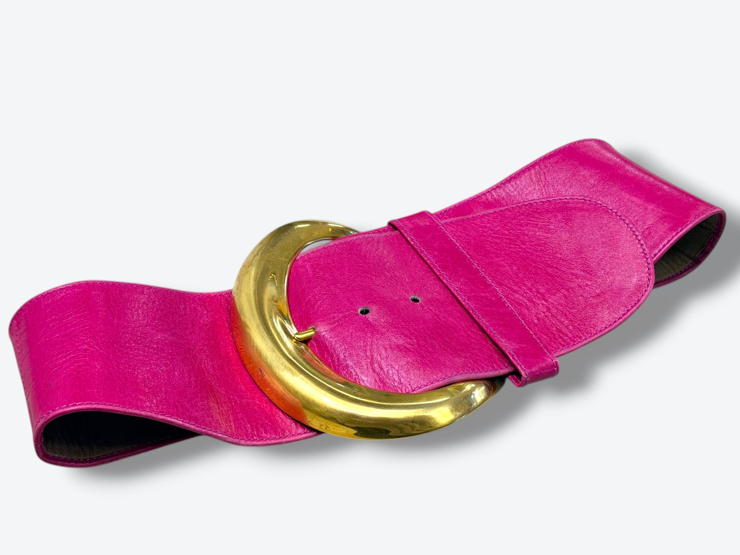 1990s/Y2K Donna Karen New York Obi Hot Pink Wide Leather + Brass Buckle Belt