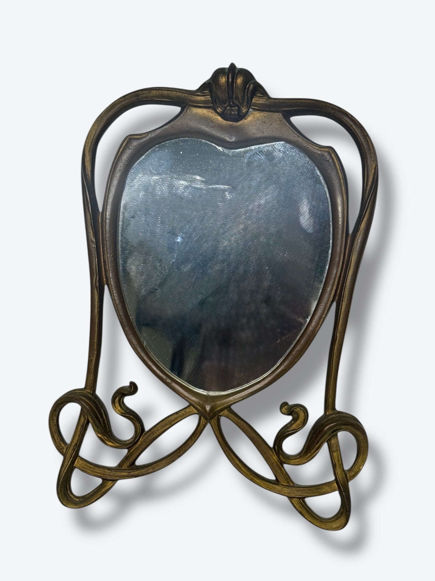 Antique Art Nouveau Brass Vanity Mirror – Shield Shaped with Sculptural Base