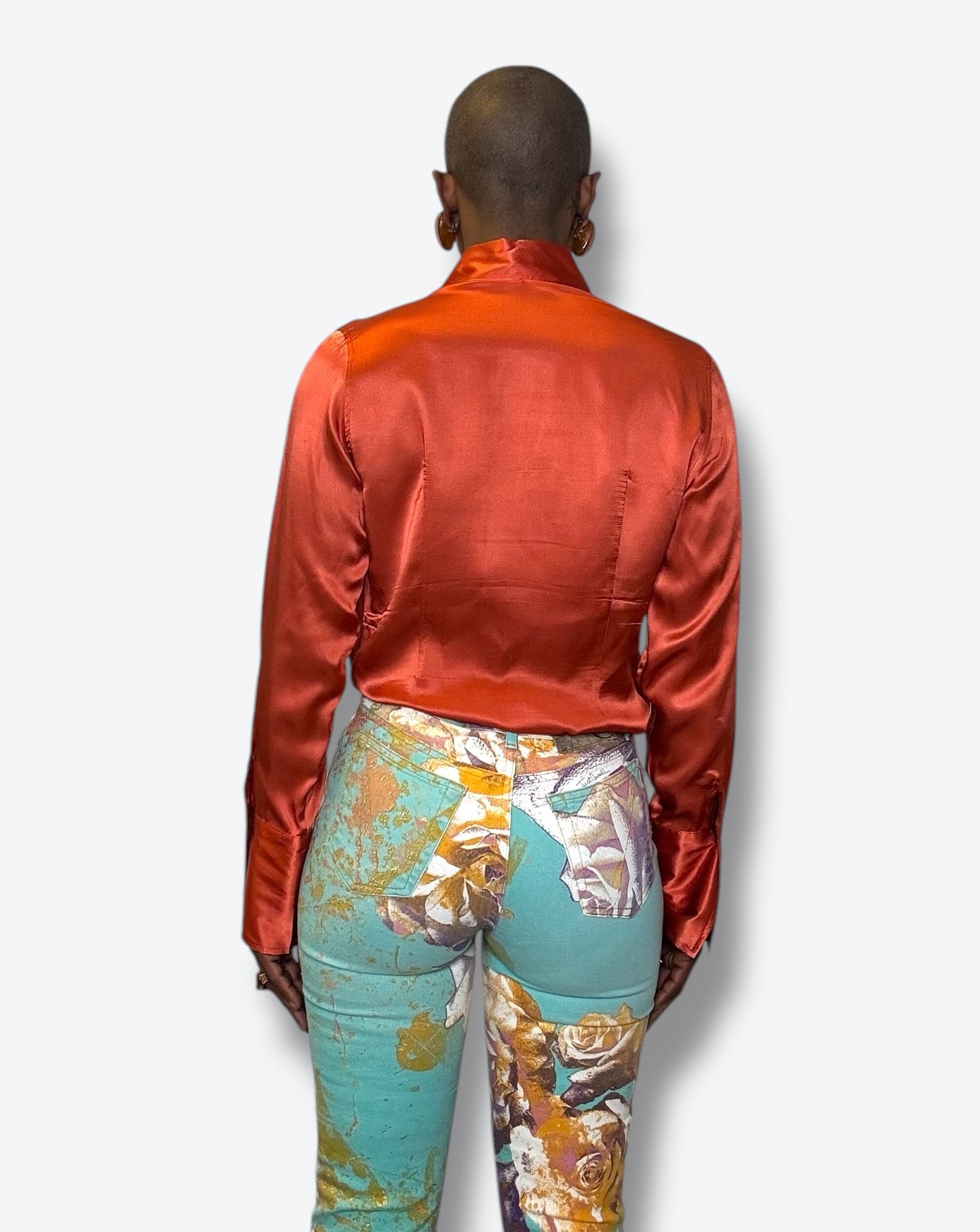 Y2K “RoccoBarocco Jeans” Orange Silk + Crystal Top