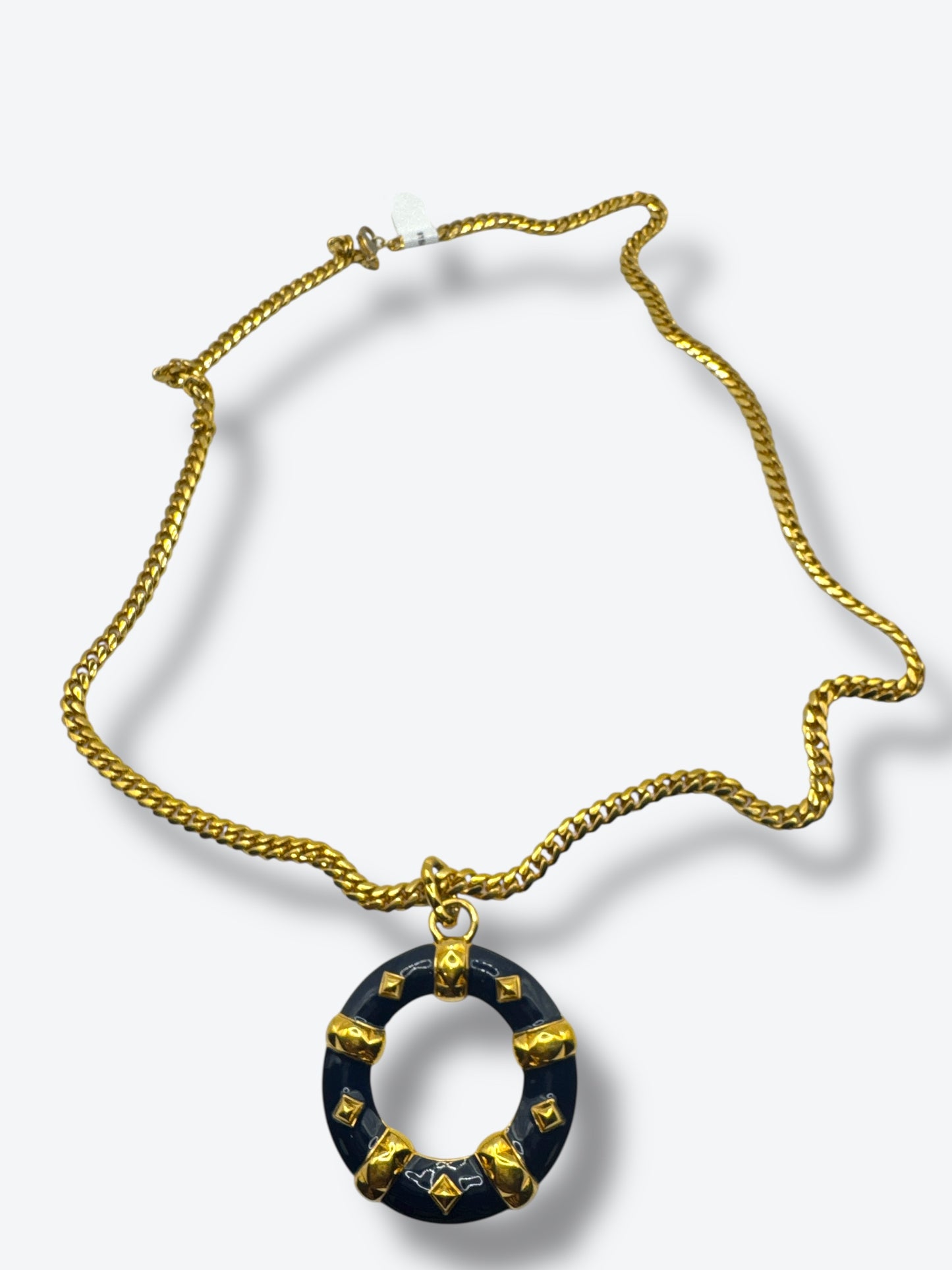 1970s Monet Navy Blue & Gold-Tone Pendant Necklace – Geometric Circle Statement Design
