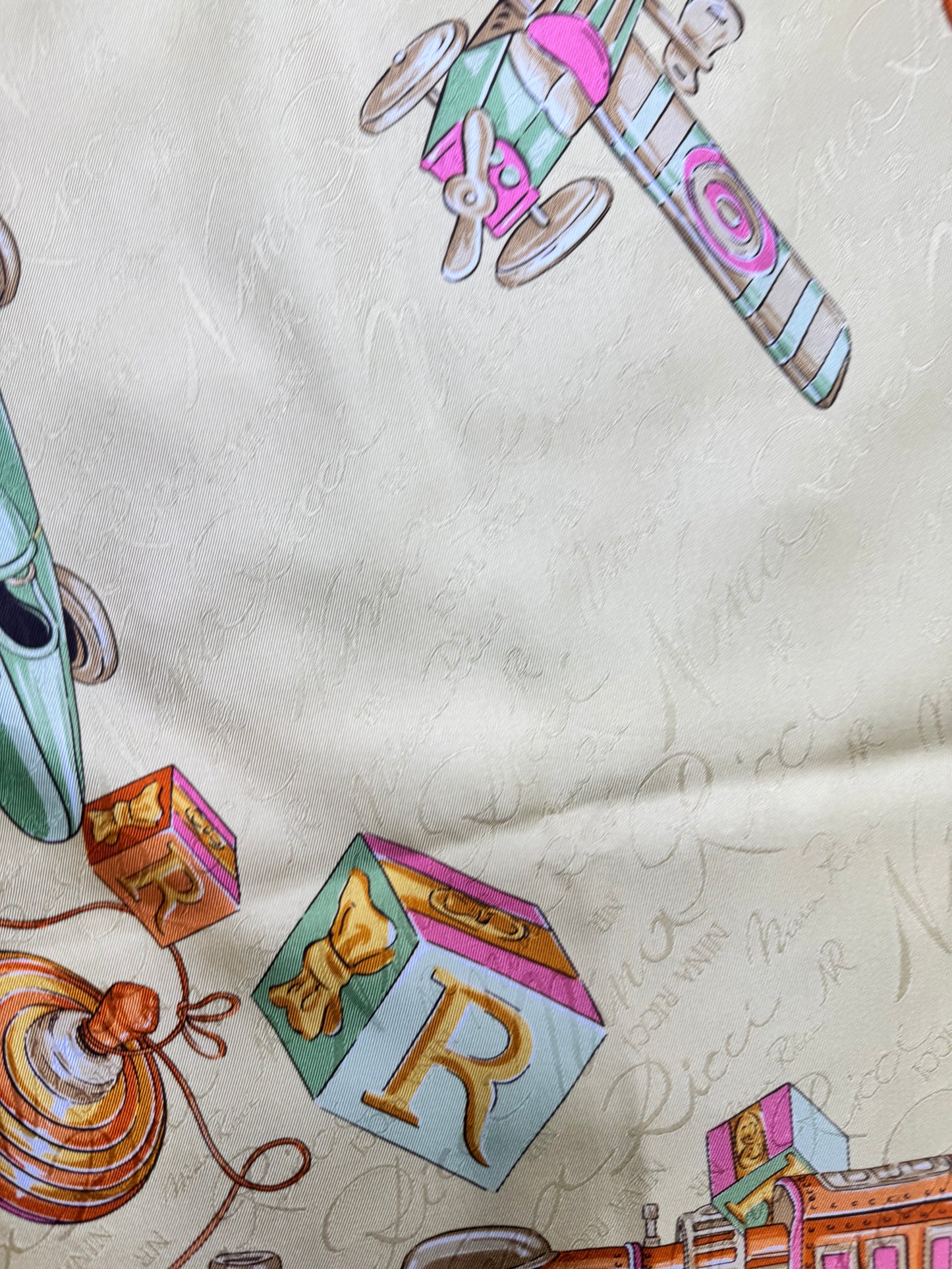 1980s 34” Nina Ricci Paris “Jouets” Toys & Trains Aviation Print Scarf