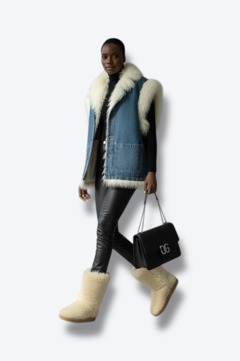 1990s Denim and Mongolian Lamb Vest