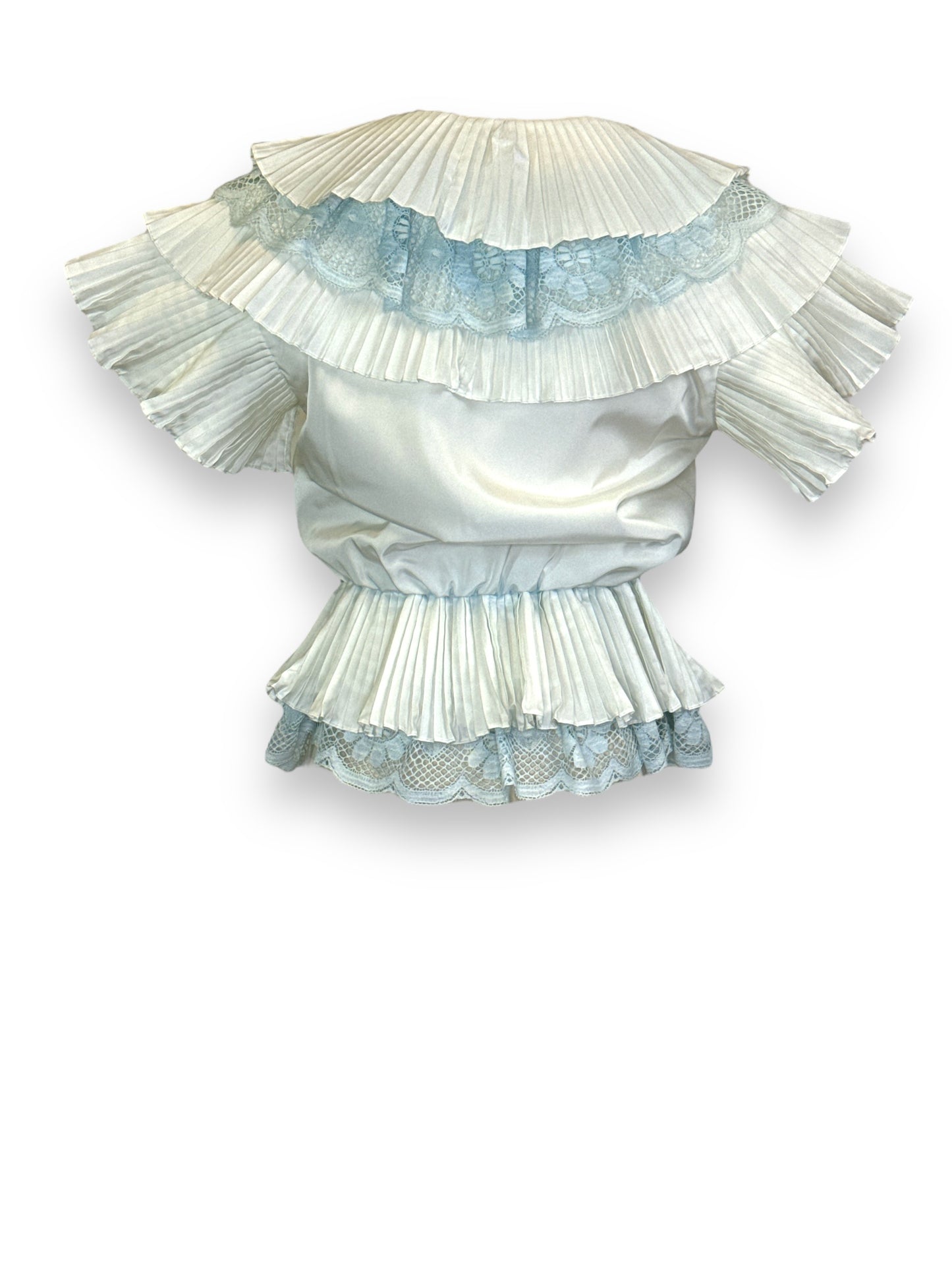 Vintage Creme + Blue Lace and Ruffle Top