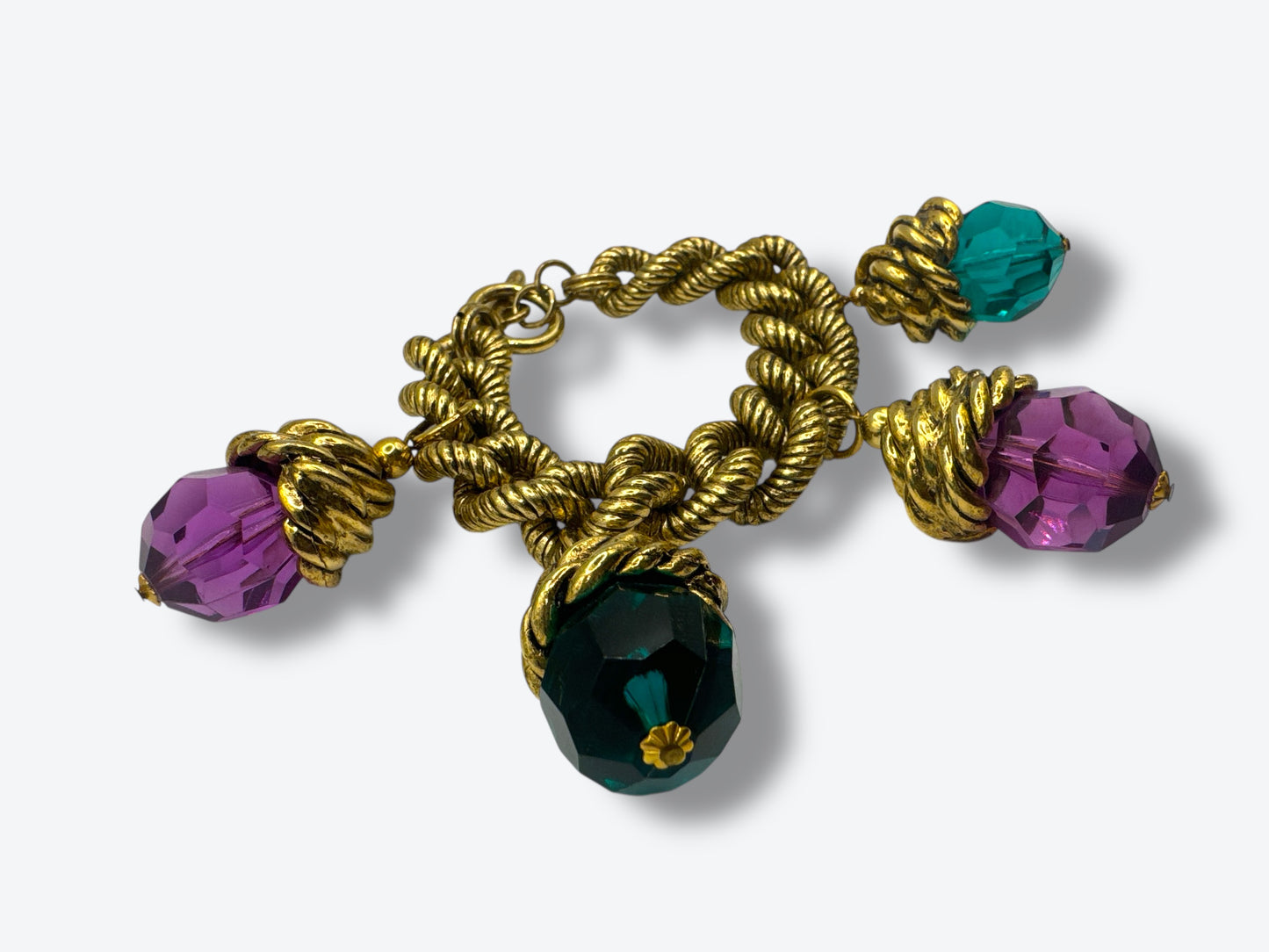 Vintage Chunky Chain Bracelet with Jewel-Tone Glass Charms