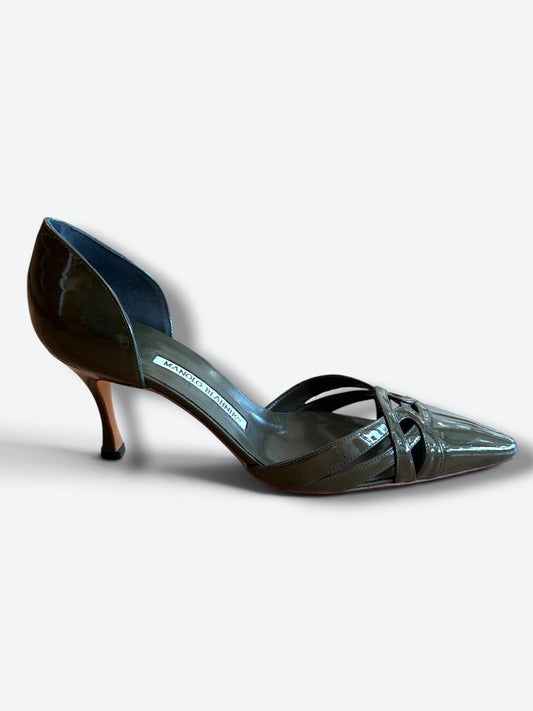 Y2K Manolo Blahnik Hunter Green Patent Leather D’Orsay Pumps