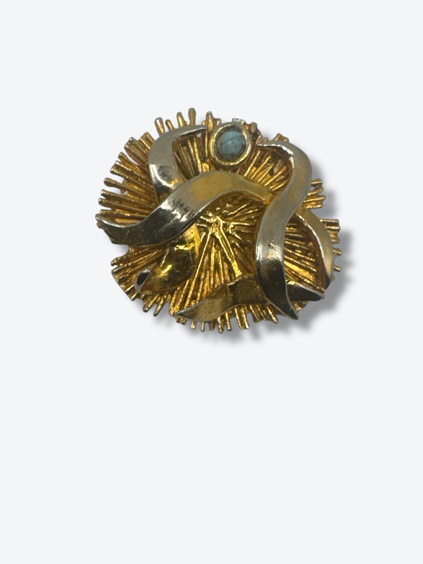 1970s Schatz Gold Sunburst Brooch with Blue Cabochon Accent