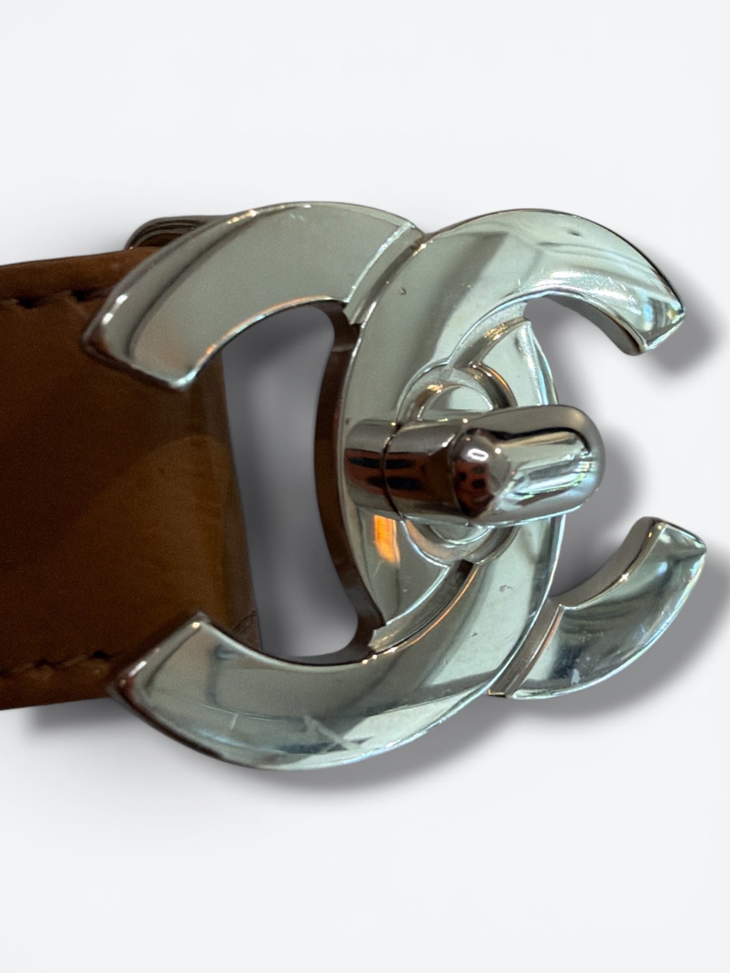 1990’s Chanel Brown Leather CC Turnlock Belt with Palladium Hardware
