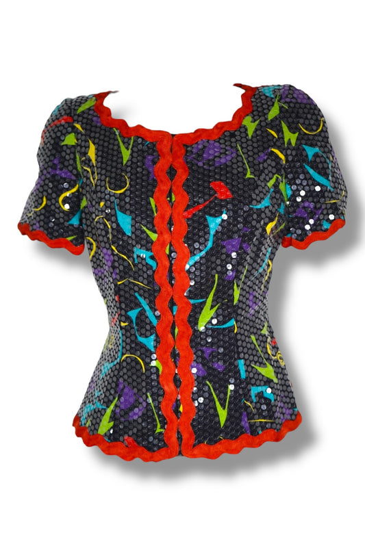 1980s “Marina” Memphis Print & Sequin Peplum Blazer