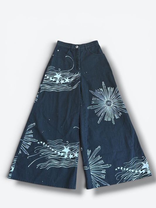 CHANEL Graphic Wide-Leg Denim Culotte Jeans | CC Celestial Print | Karl Lagerfeld Era
