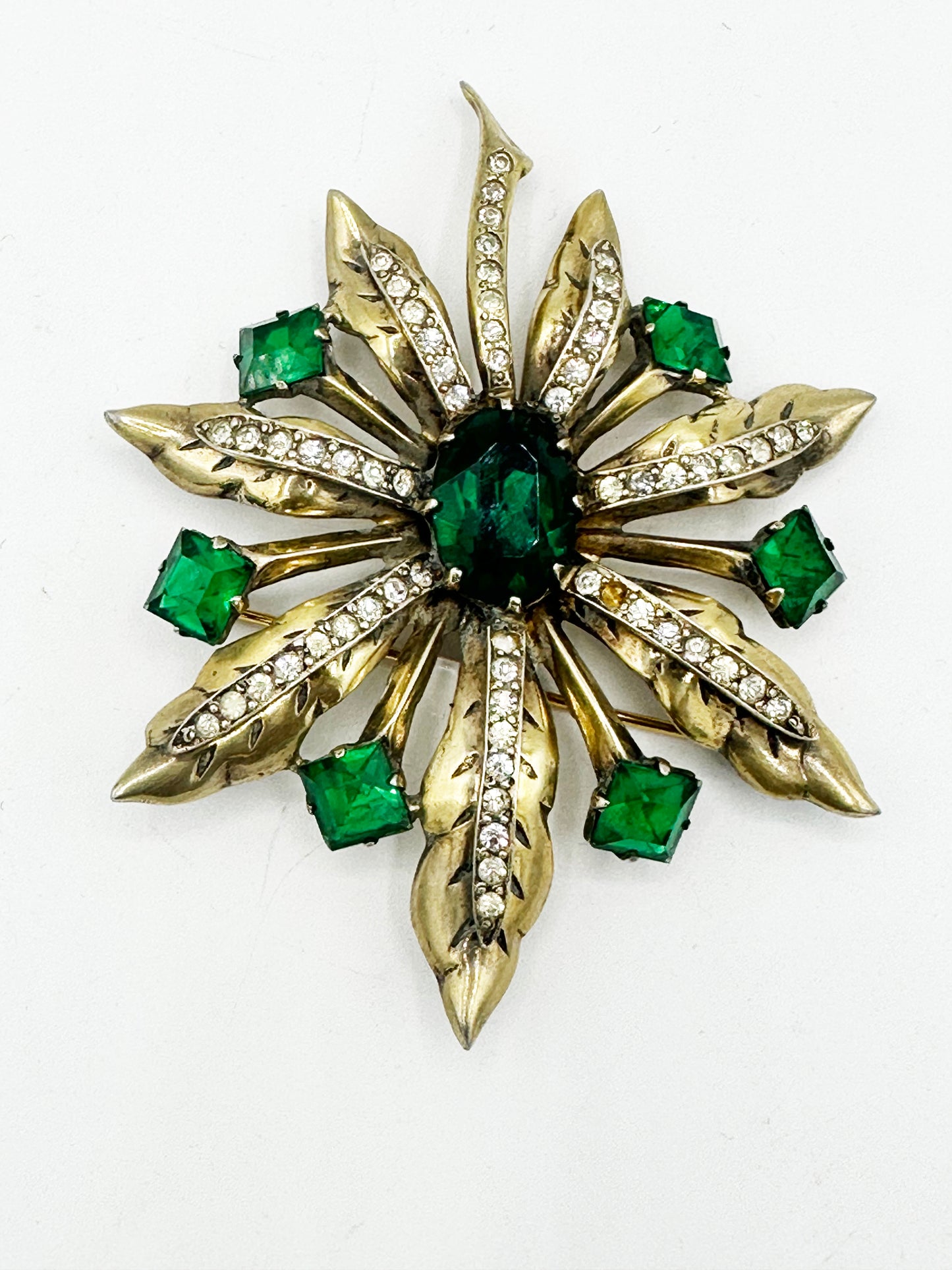 Vintage Eisenberg Gold and Green Gem Floral Brooch