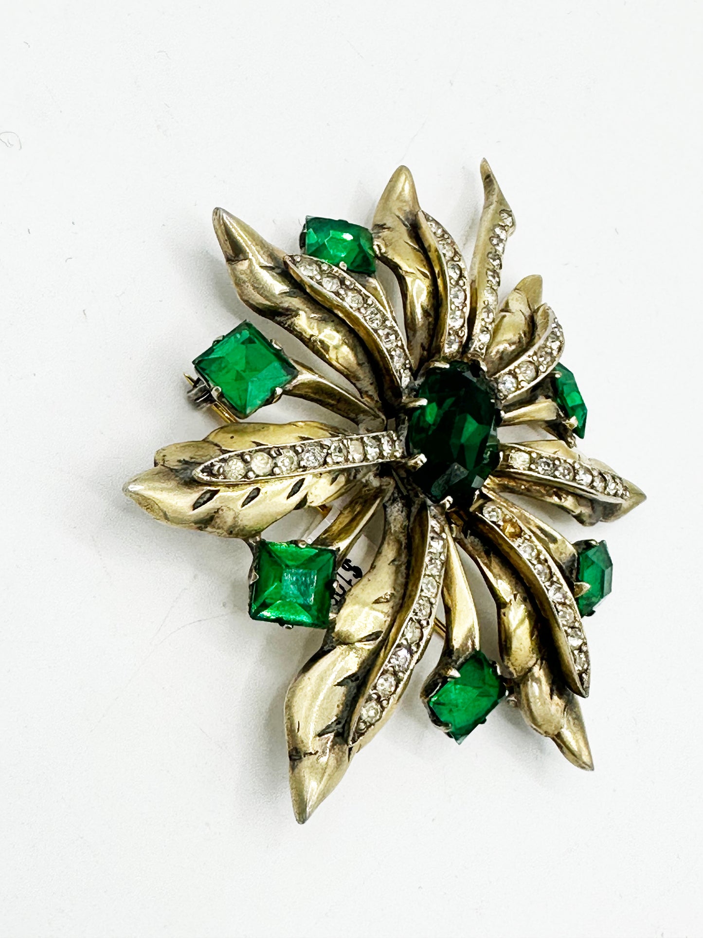 Vintage Eisenberg Gold and Green Gem Floral Brooch