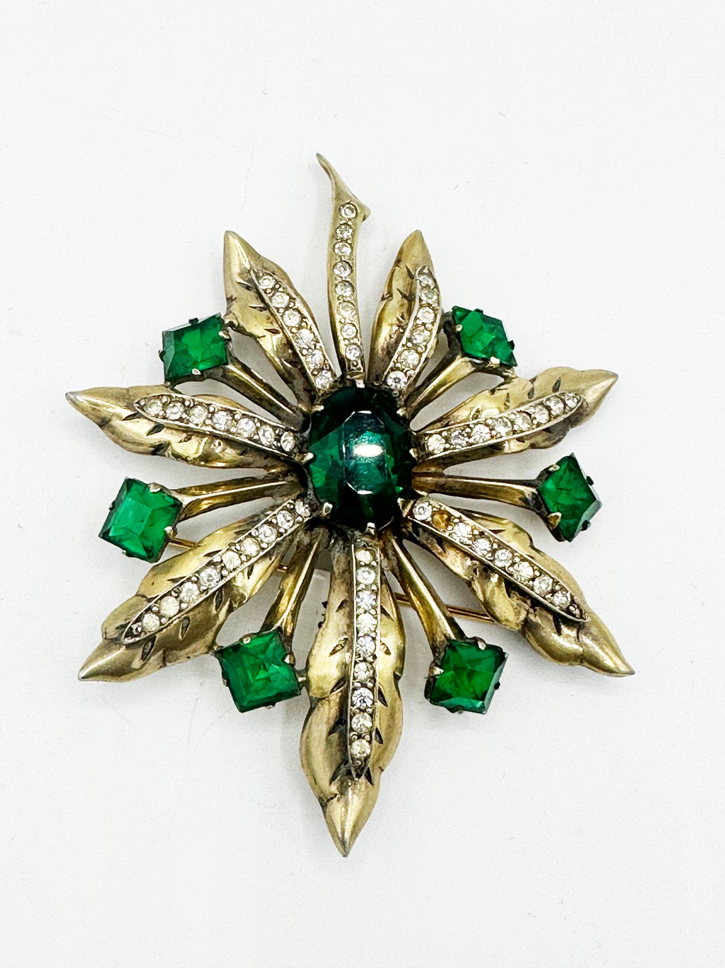 Vintage Eisenberg Gold and Green Gem Floral Brooch