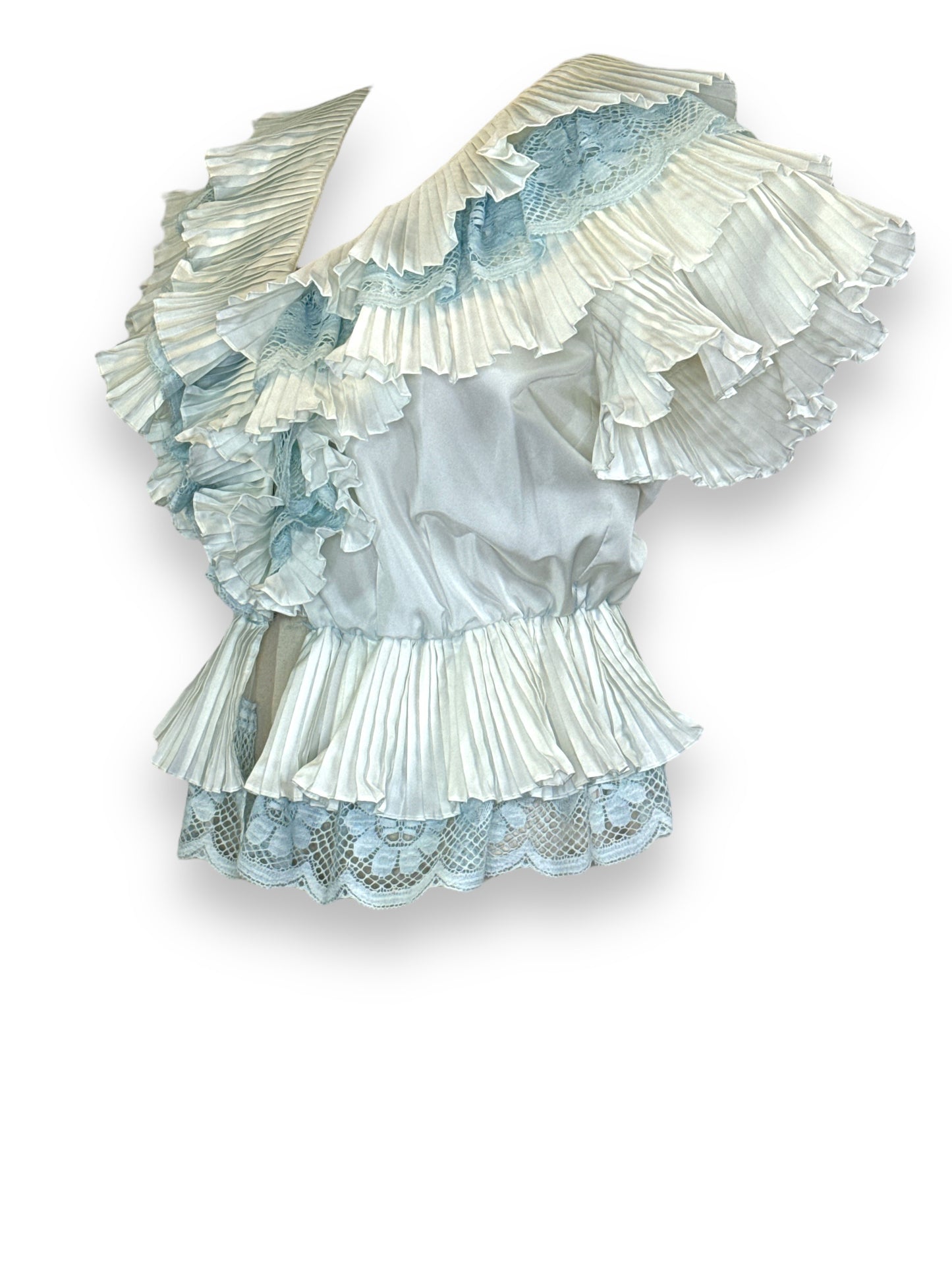 Vintage Creme + Blue Lace and Ruffle Top