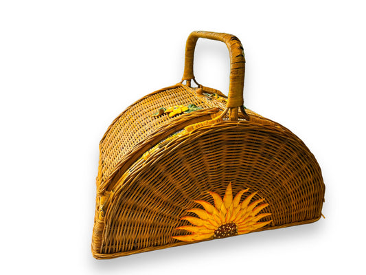 Vintage “Picnic Time” Wicker Sunflower Picnic Basket