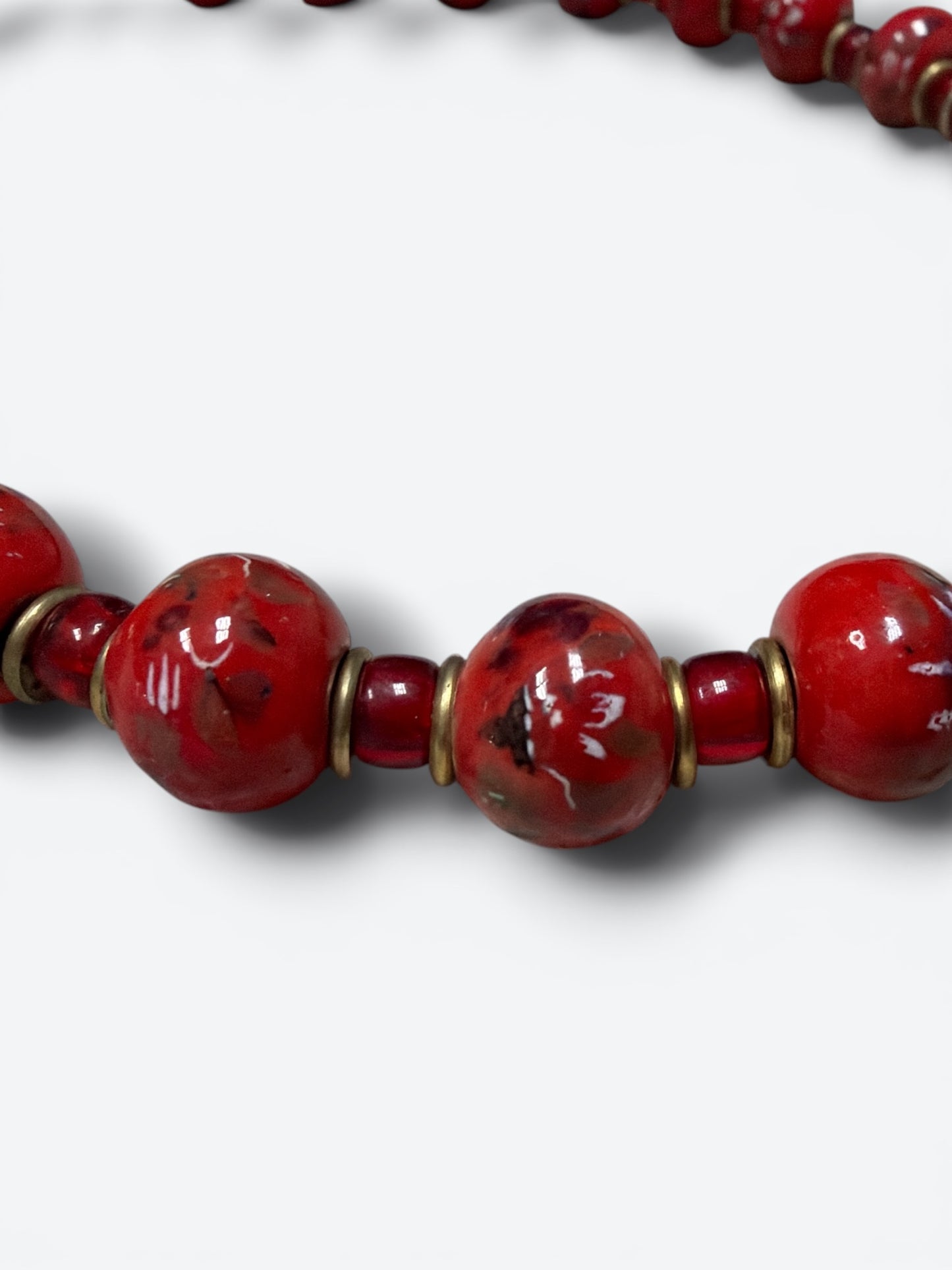 Vintage Artisan Crimson Ceramic Bead Necklace