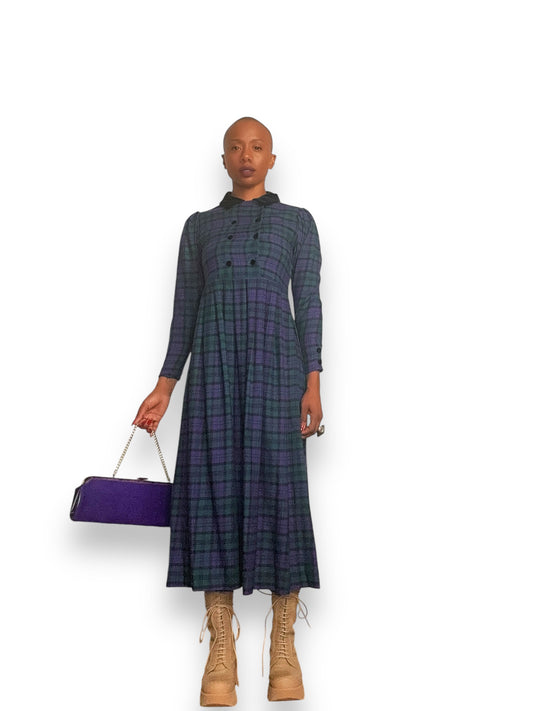 1990s / Y2K Laura Ashley Purple + Green Plaid Dress