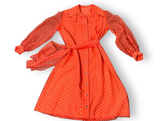 1960s Tangerine + White Polka Dot belted sheer sleeve dress