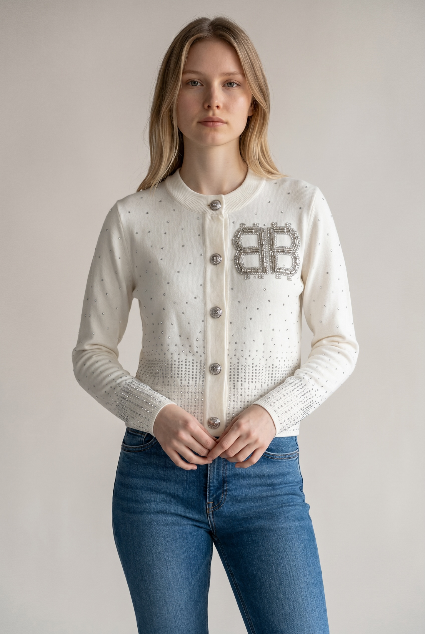 Trend: Balmin White Rhinestone + Pearl Cardigan