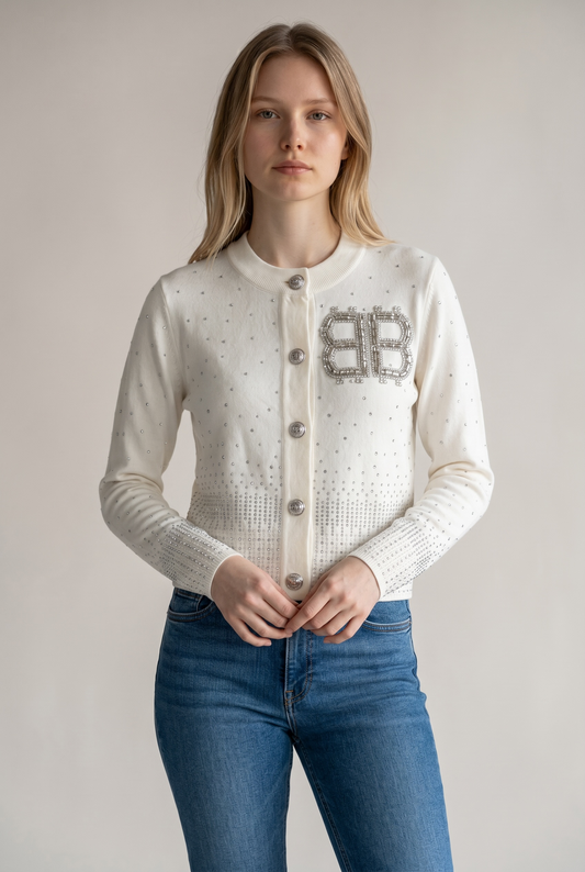 Trend: Balmin White Rhinestone + Pearl Cardigan