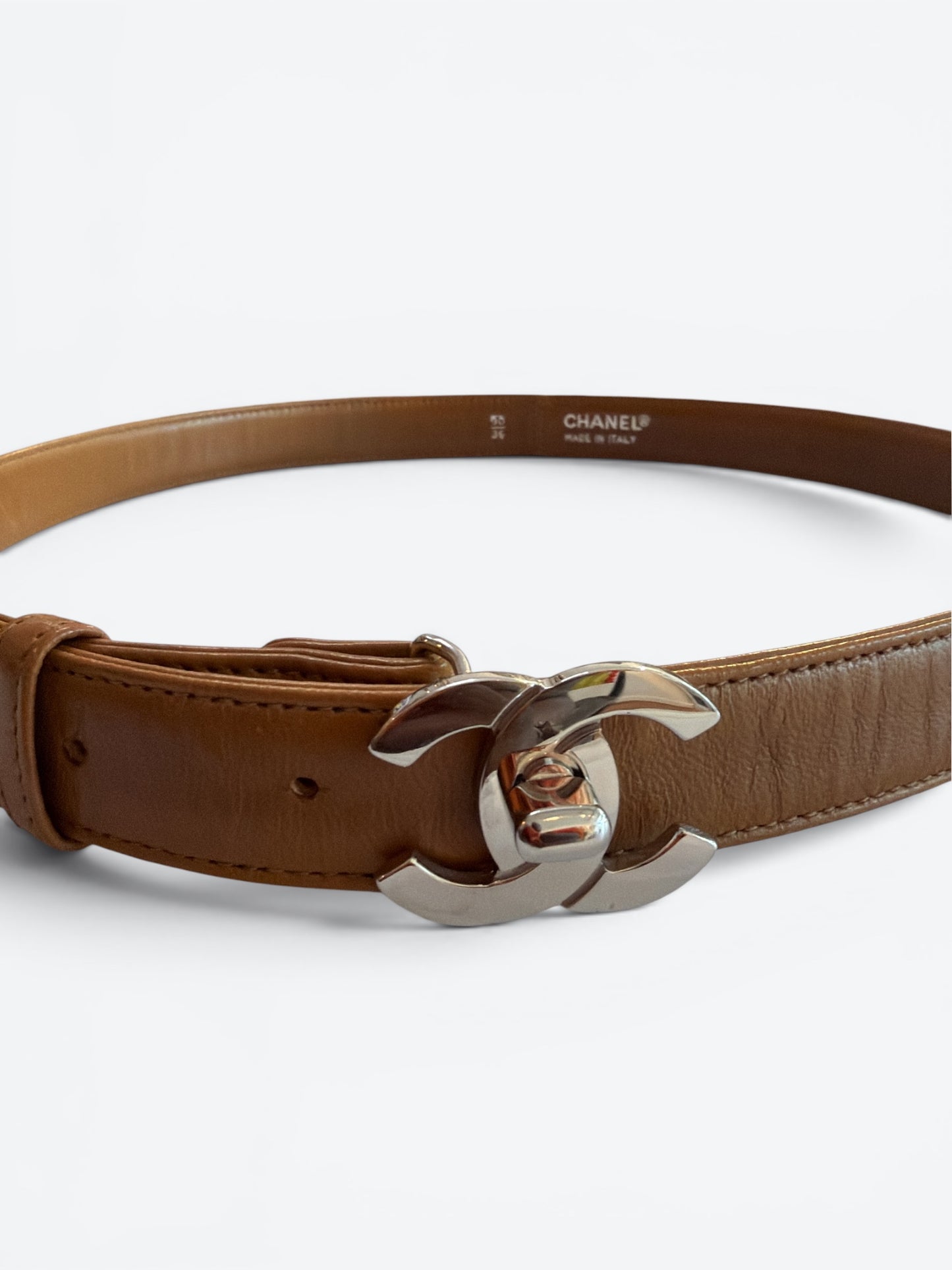 1990’s Chanel Brown Leather CC Turnlock Belt with Palladium Hardware