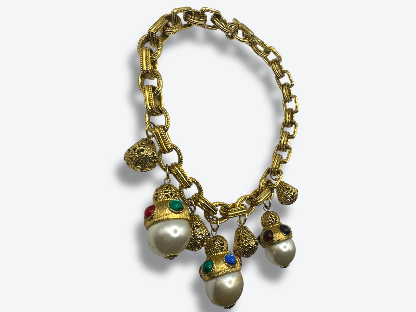 Vintage Statement Necklace with Oversized Faux Pearls & Jewel-Tone Cabochons – 1980s Couture Style