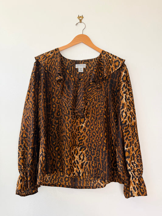 1990s Express Silk Cheetah Ruffle Blouse