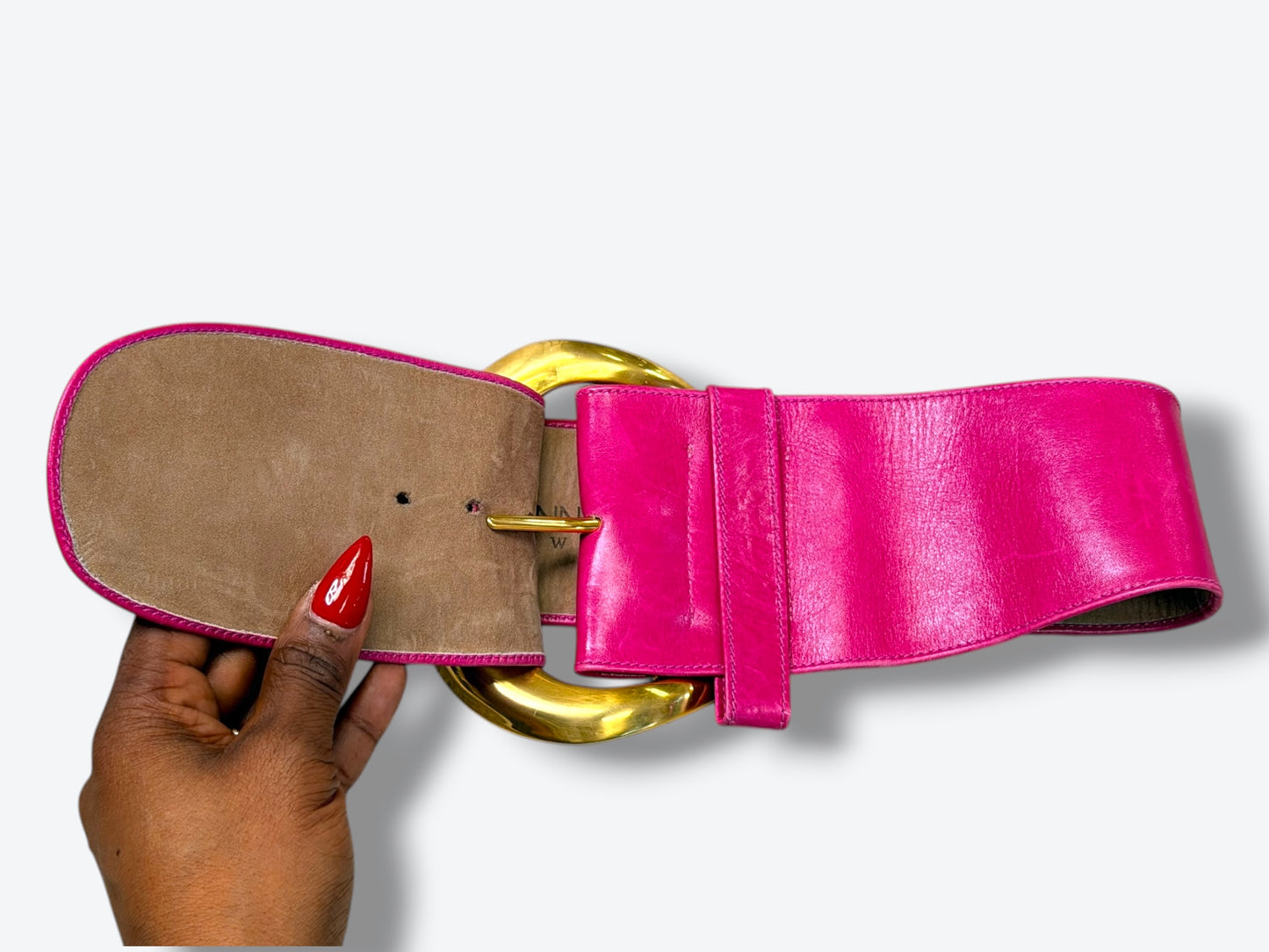 1990s/Y2K Donna Karen New York Obi Hot Pink Wide Leather + Brass Buckle Belt