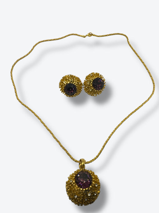 Vintage Amethyst Rhinestone Statement Set – Necklace & Earrings