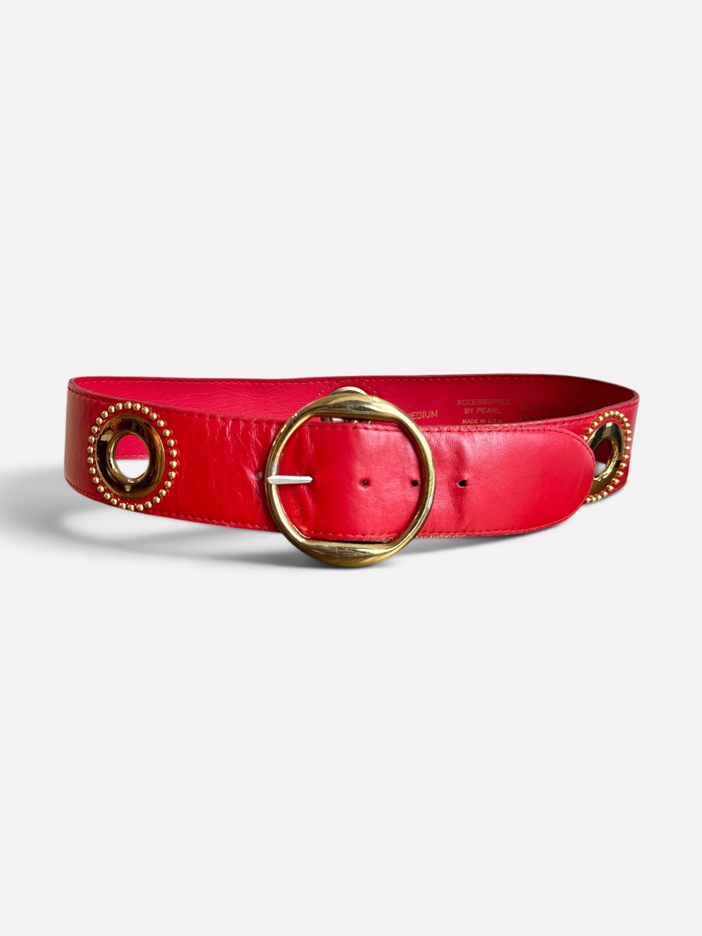 1970s “Accessories By Pearl” Red Leather Gold Gromment Belt