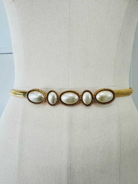 1980s Accessocraft NYC Gold-Tone Snake Chain Belt with Faux Pearl Cabochons