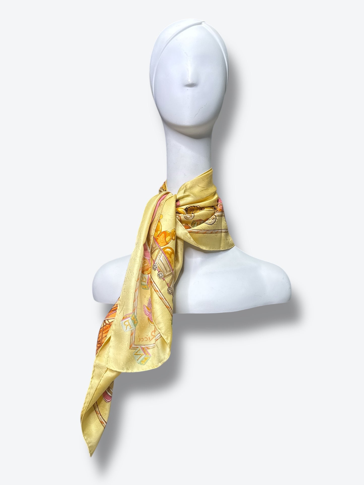 1980s 34” Nina Ricci Paris “Jouets” Toys & Trains Aviation Print Scarf