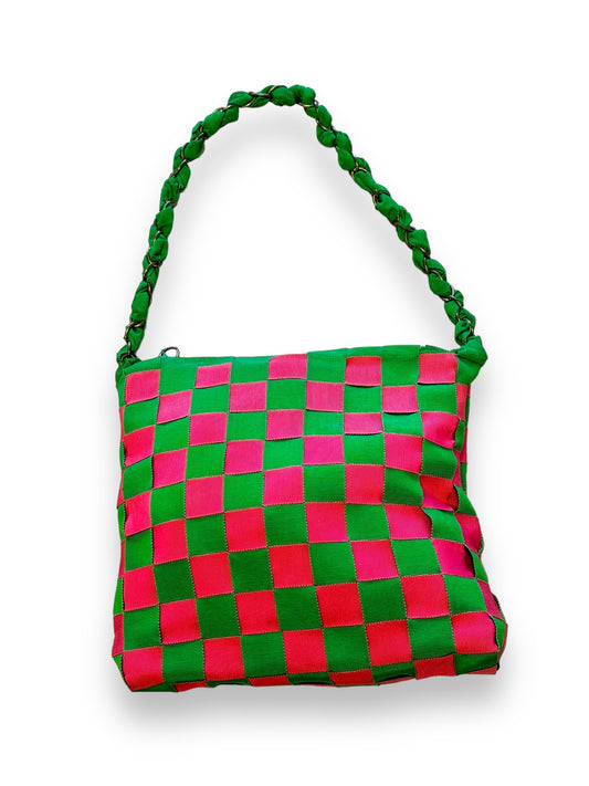 Vintage Henri Bendel Green + Pink Woven Chain Handle Bag