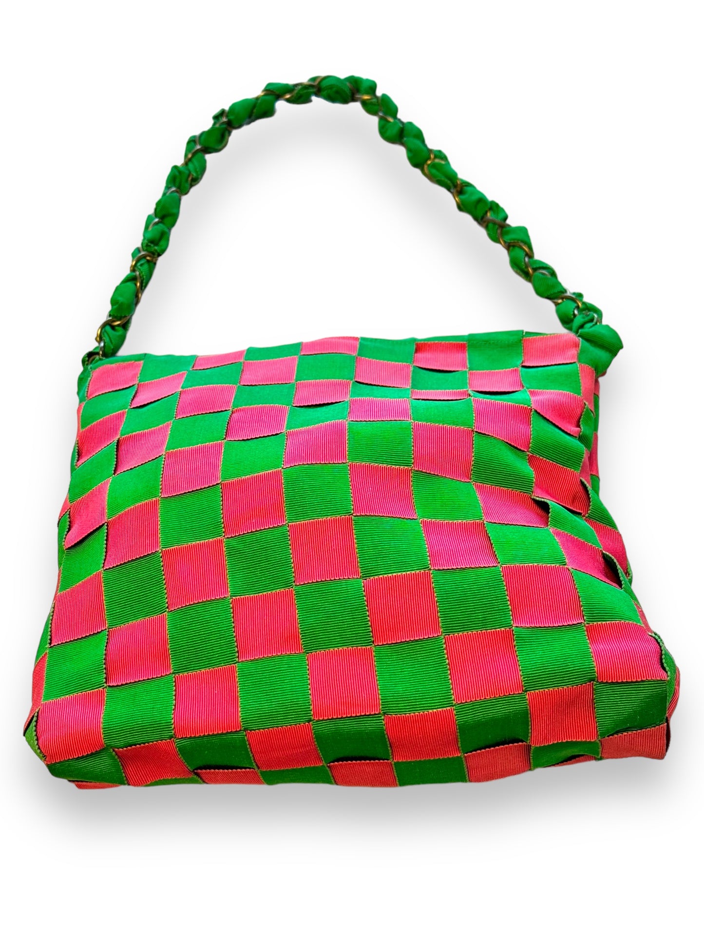 Vintage Henri Bendel Green + Pink Woven Chain Handle Bag