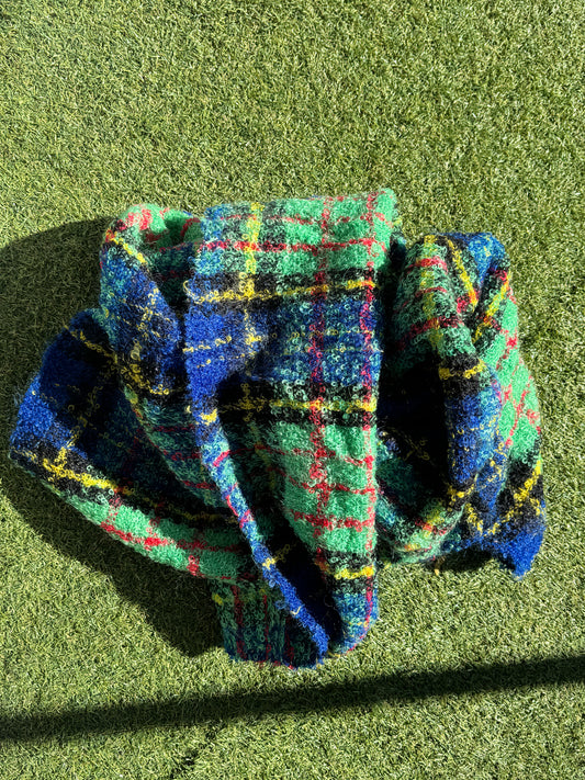 1970s Wool Bouclè Green Plaid Scarf
