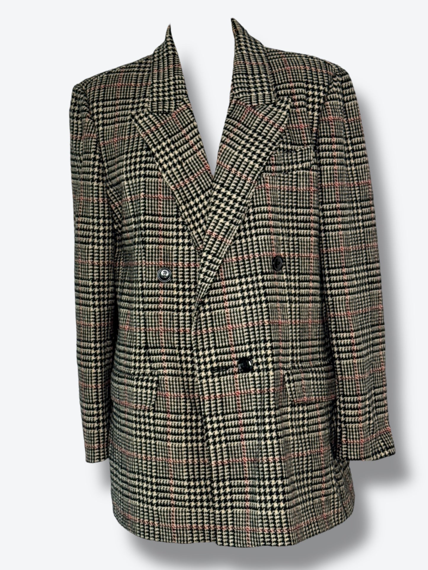 1980s Bill Blass Houndstooth Plaid Double-Breasted Blazer