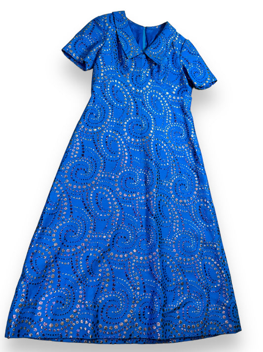 Vintage Blue Dress with Metallic Swirl Pattern