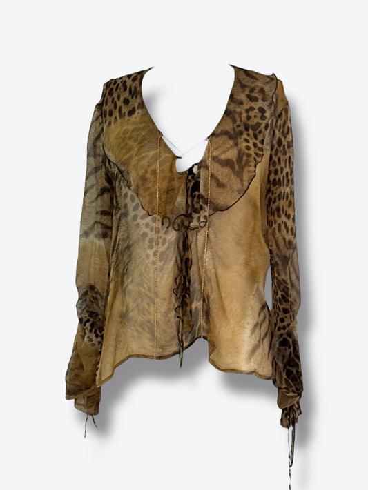 Y2K “Class” Roberto Cavalli Sheer Cheetah Ruffle Blouse