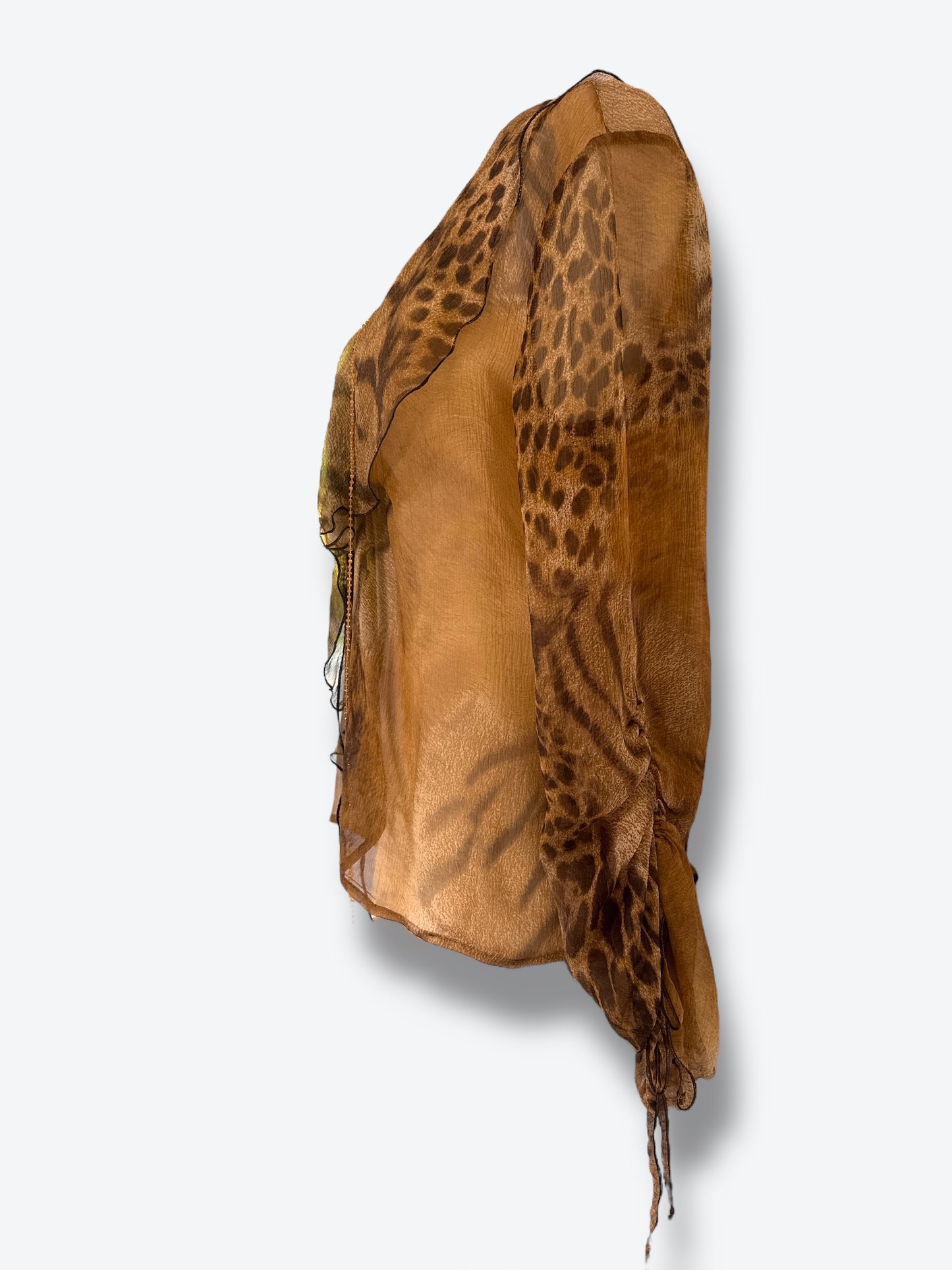 Y2K “Class” Roberto Cavalli Sheer Cheetah Ruffle Blouse