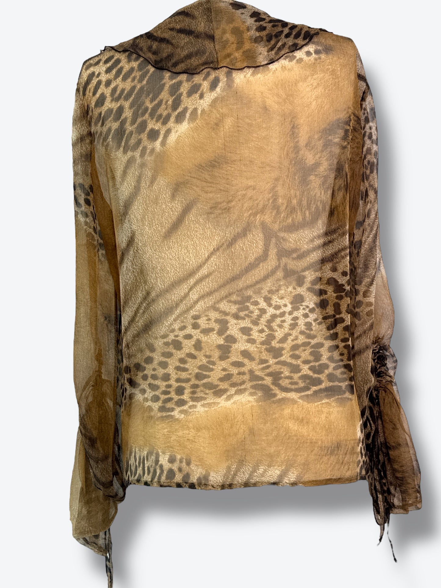 Y2K “Class” Roberto Cavalli Sheer Cheetah Ruffle Blouse