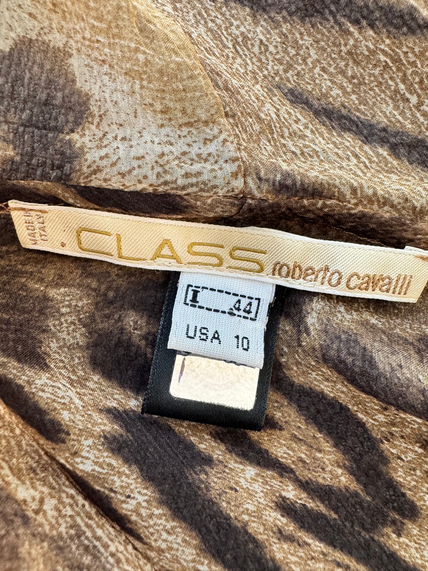 Y2K “Class” Roberto Cavalli Sheer Cheetah Ruffle Blouse