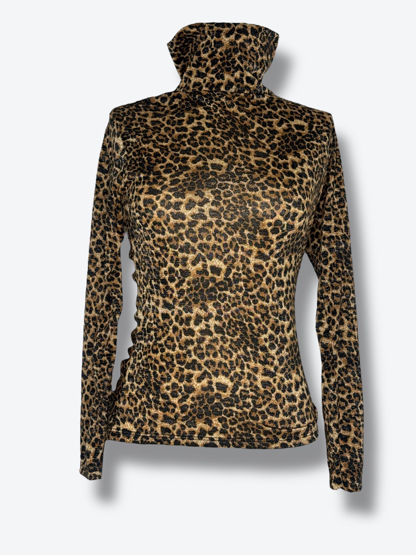 Y2K Zeta Otto Leopard Print Metallic Ruched Turtleneck Top