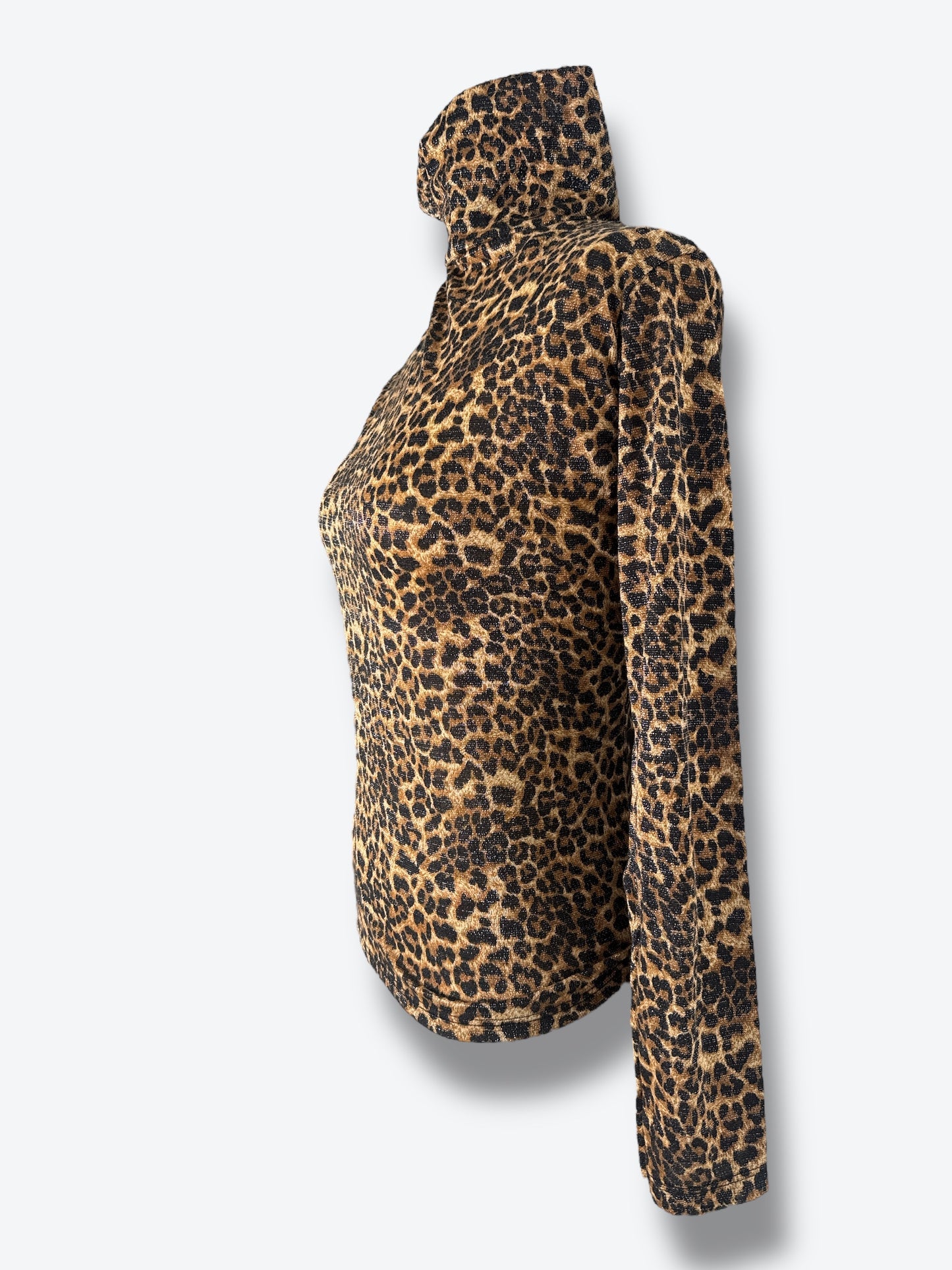 Y2K Zeta Otto Leopard Print Metallic Ruched Turtleneck Top