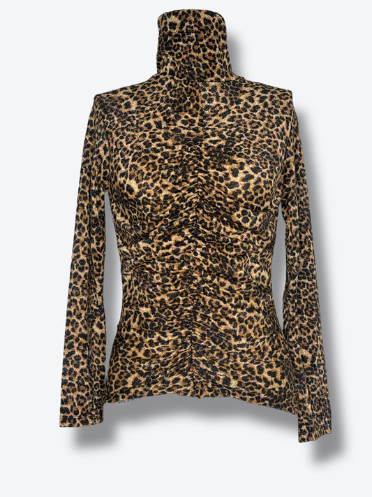 Y2K Zeta Otto Leopard Print Metallic Ruched Turtleneck Top